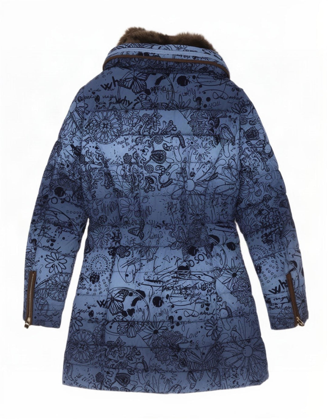 Desigual Womens Hooded Padded Coat EU 40 Medium Blue Floral Polyester