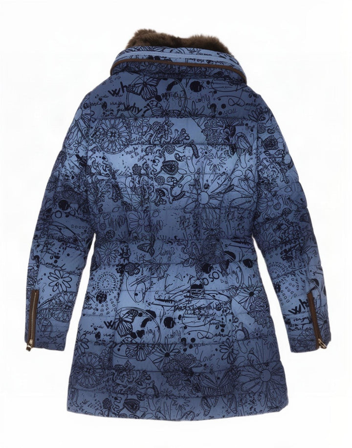 Desigual Womens Hooded Padded Coat EU 40 Medium Blue Floral Polyester