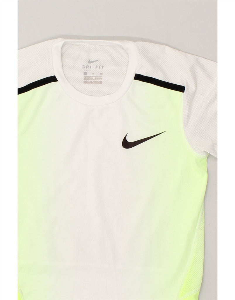 NIKE Boys Dri Fit T-Shirt Top 8-9 Years Small White Colourblock Polyester | Vintage Nike | Thrift | Second-Hand Nike | Used Clothing | Messina Hembry 