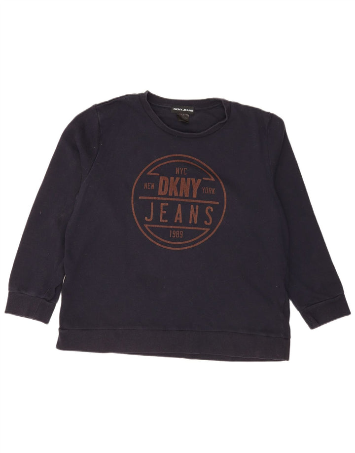 Dkny Womens Graphic Sweatshirt Jumper UK 16 Large Navy Blue Cotton