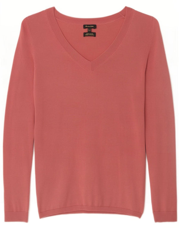 Massimo Dutti Womens V-Neck Jumper Sweater UK 6 XS Pink Cotton