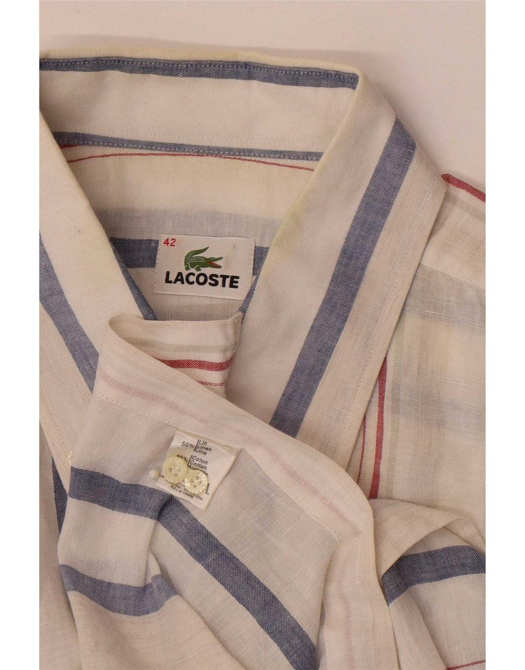 Lacoste Mens Short Sleeve Shirt Size 42 Large White Striped Linen