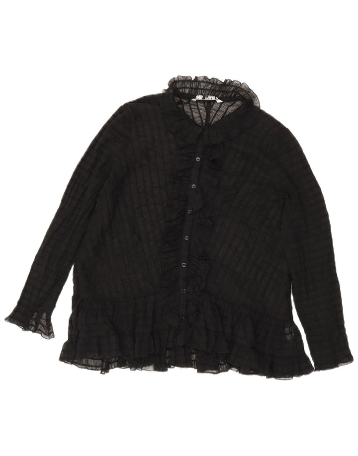 Zara Womens See Through Ruffle Front Shirt Blouse UK 14 Medium Black
