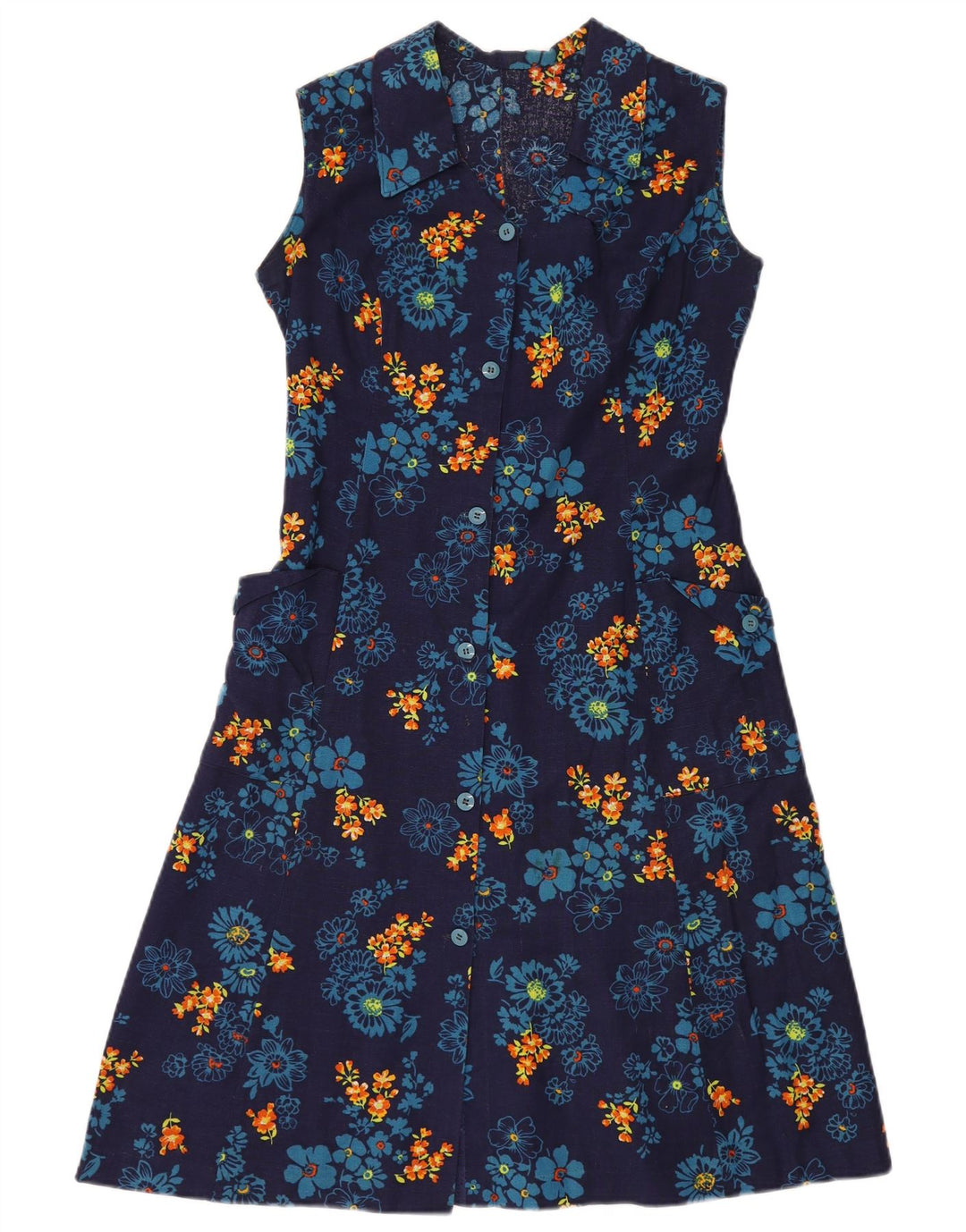 VINTAGE Womens Sleeveless A-Line Dress UK 12 Medium Navy Blue Floral
