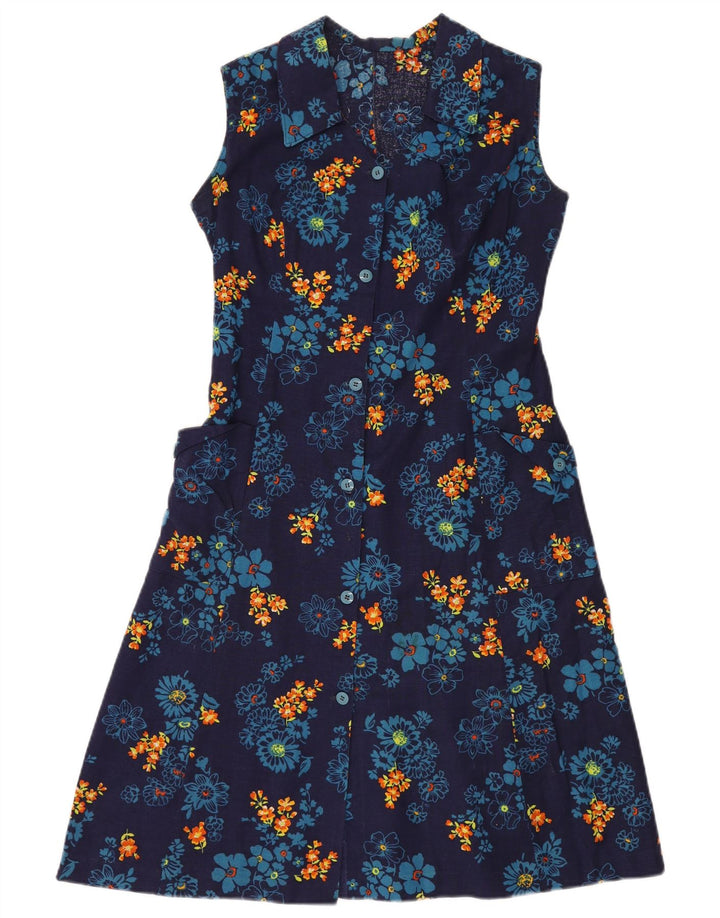 VINTAGE Womens Sleeveless A-Line Dress UK 12 Medium Navy Blue Floral
