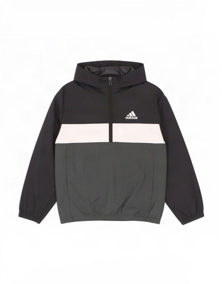 Adidas Boys Hooded Pullover Rain Jacket 7-8 Years Black Colourblock