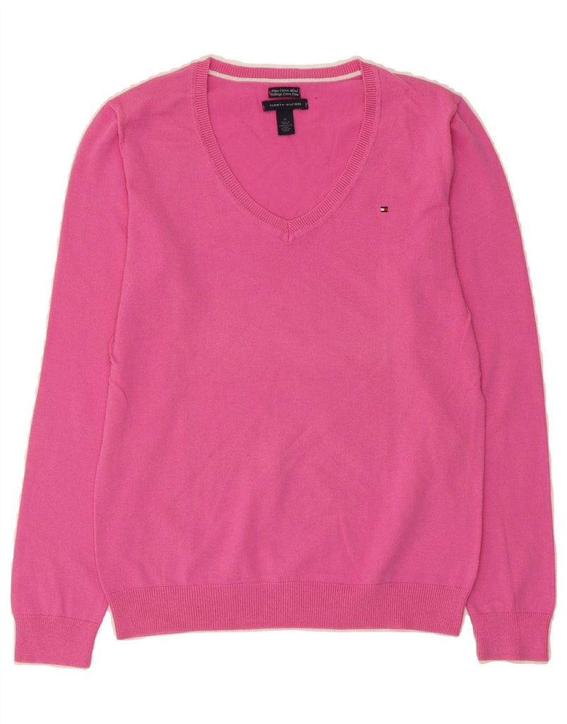 TOMMY HILFIGER Womens V-Neck Jumper Sweater UK 14 Medium Pink Cotton Vintage Tommy Hilfiger and Second-Hand Tommy Hilfiger from Messina Hembry 