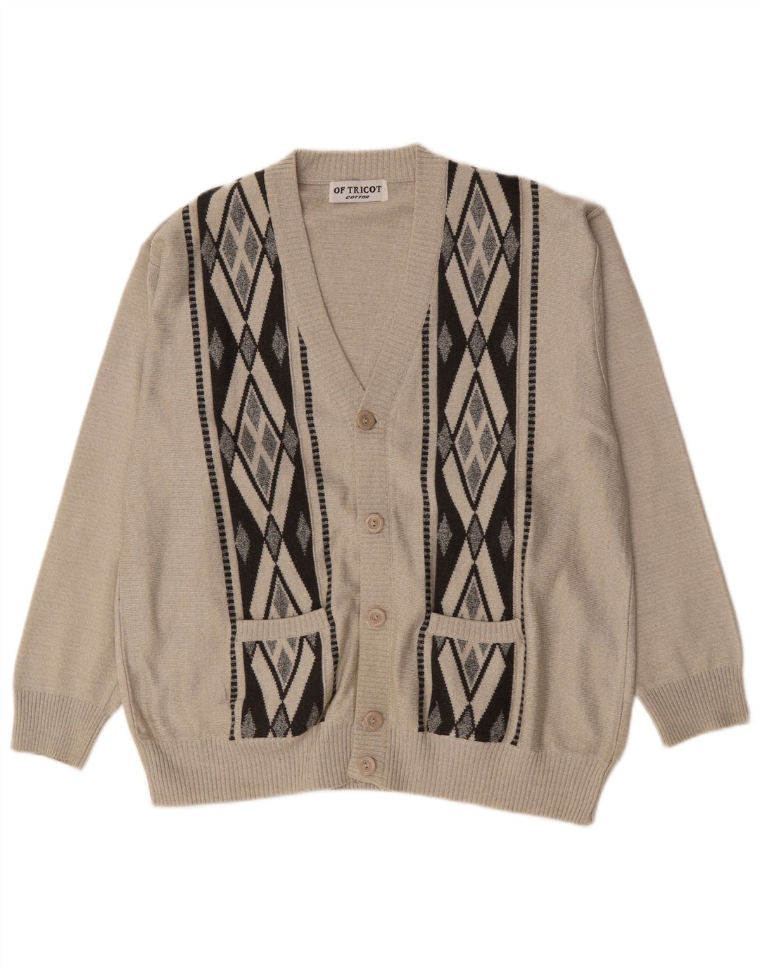 Vintage Mens Cardigan Sweater XL Grey Argyle/Diamond Cotton