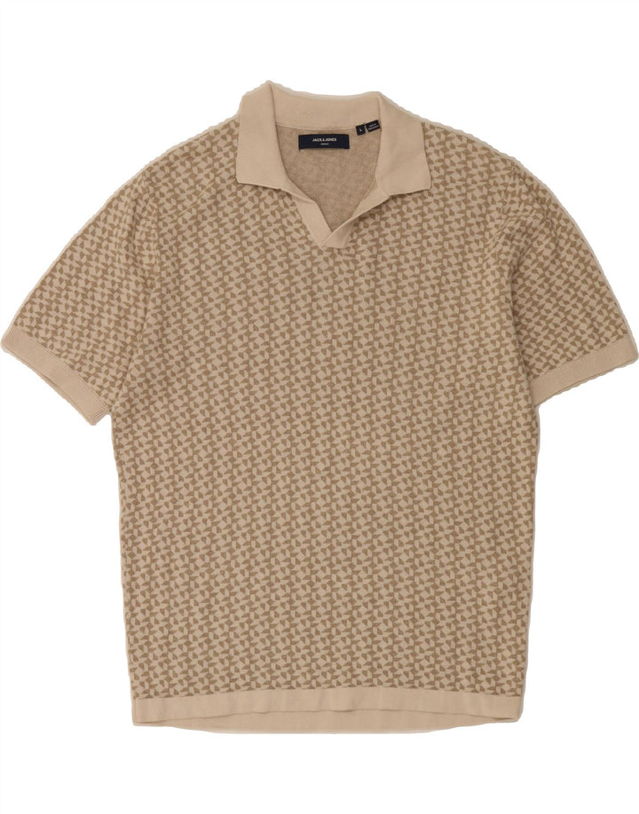 JACK & JONES Mens Polo Neck Jumper Sweater Large Beige Geometric Vintage Jack & Jones and Second-Hand Jack & Jones from Messina Hembry 