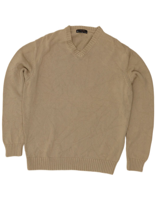 ZARA Mens V-Neck Jumper Sweater XL Beige Cotton