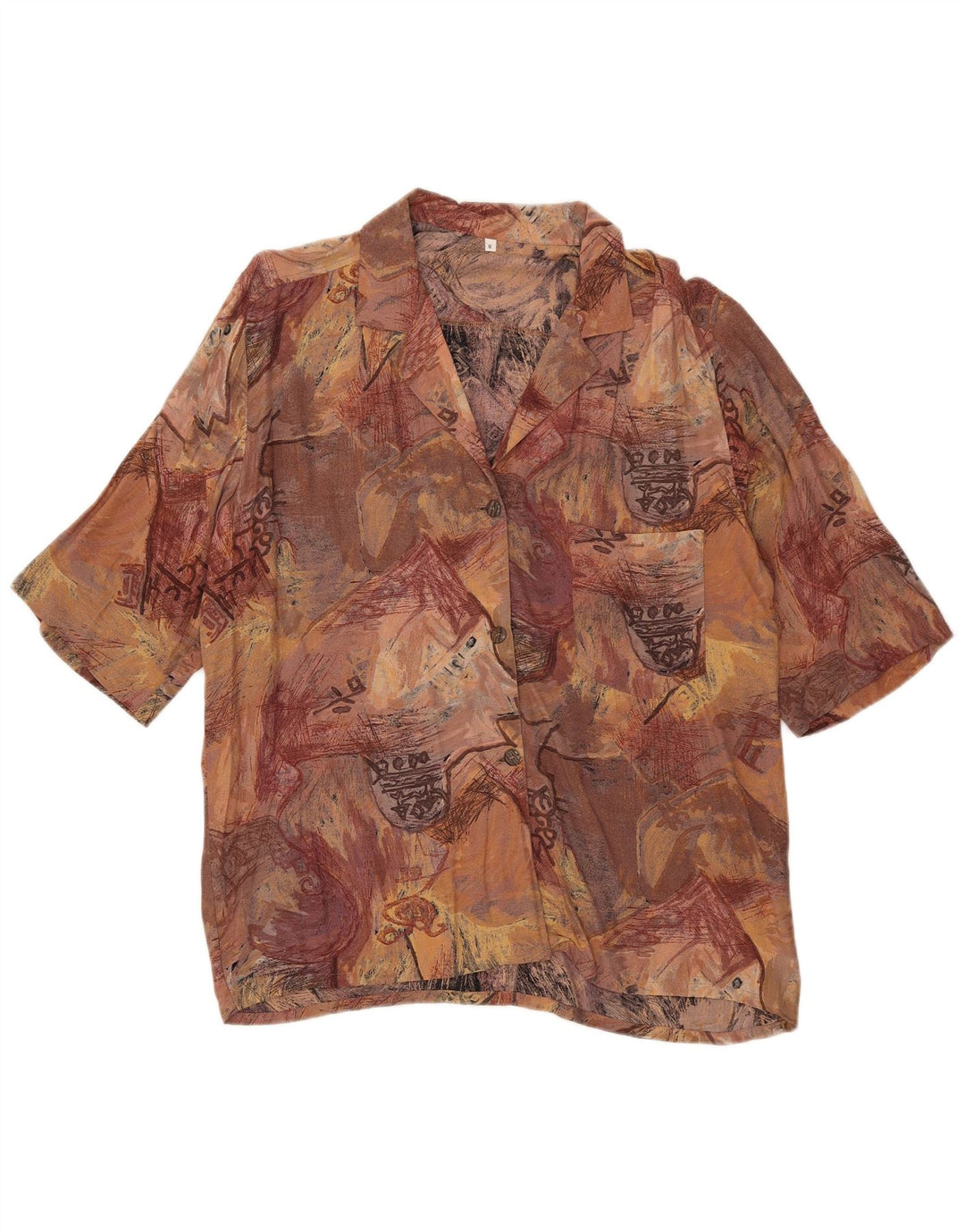Vintage Womens Abstract Pattern Short Sleeve Shirt UK 14 Medium Brown