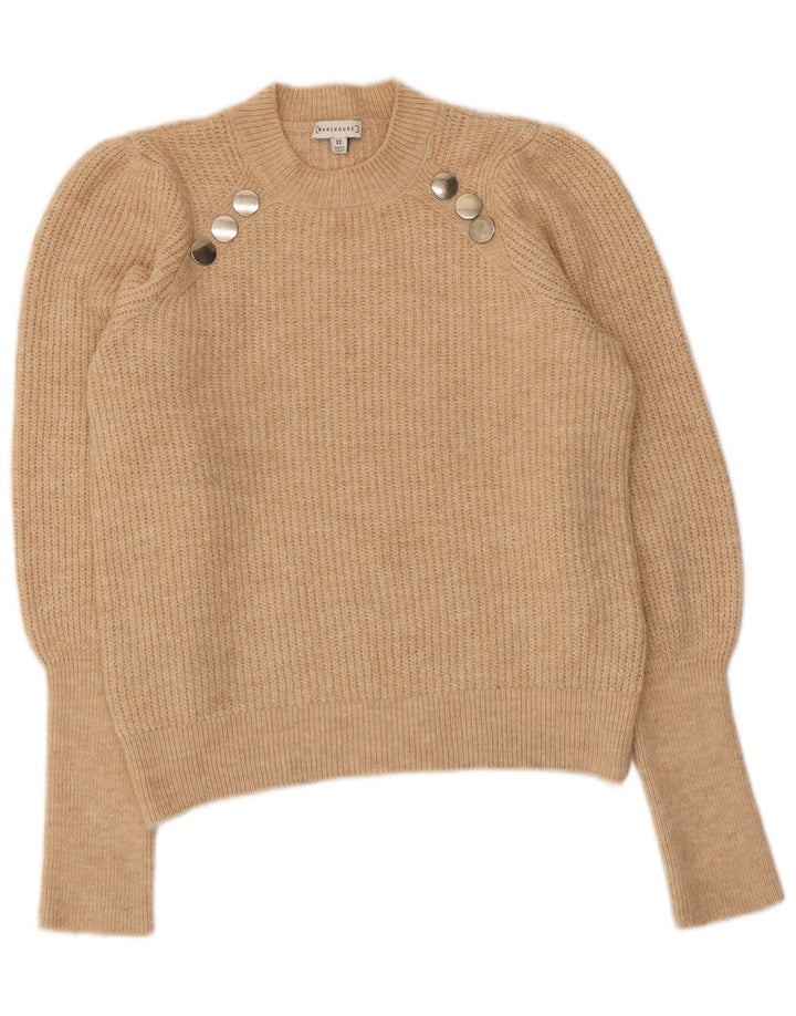 WAREHOUSE Womens Crew Neck Jumper Sweater UK 12 Medium Beige Acrylic