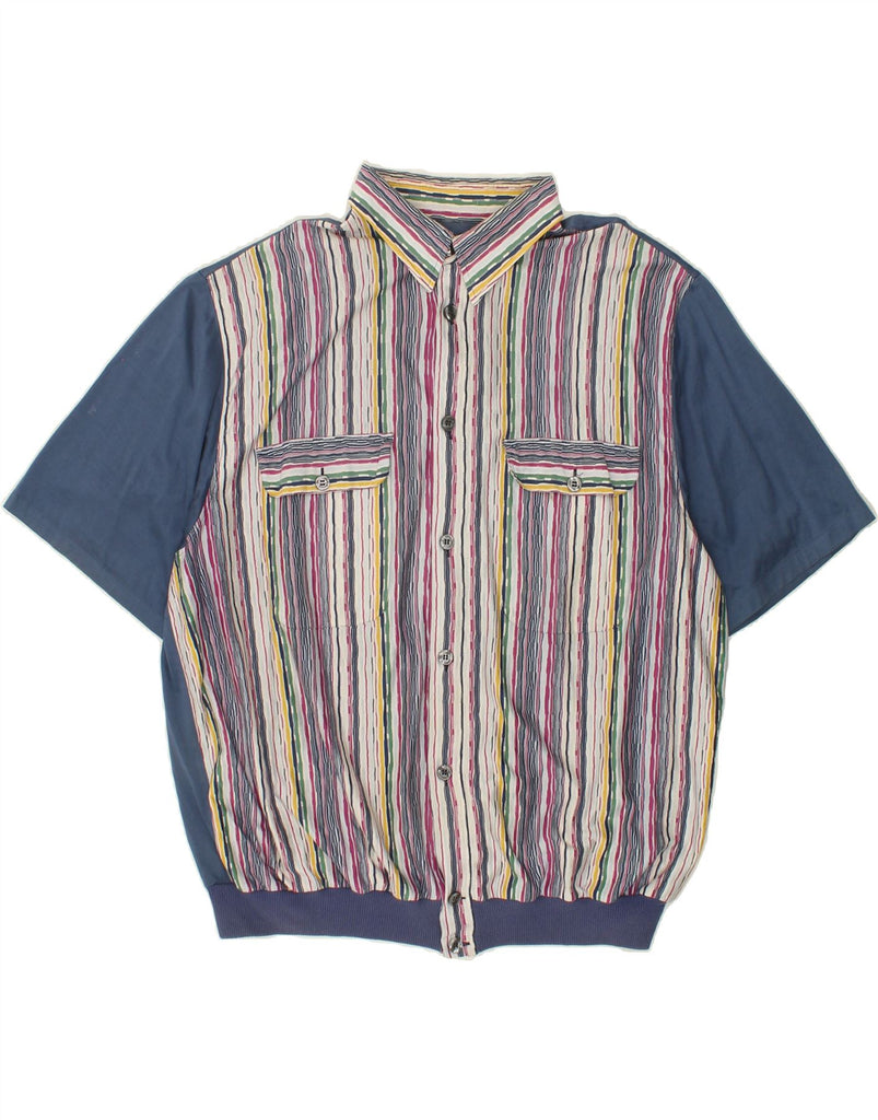 VINTAGE Mens Short Sleeve Shirt XL Blue Striped Vintage Vintage and Second-Hand Vintage from Messina Hembry 