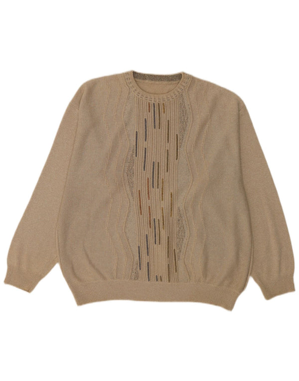 Vintage Mens Crew Neck Jumper Sweater XL Beige Geometric Cotton
