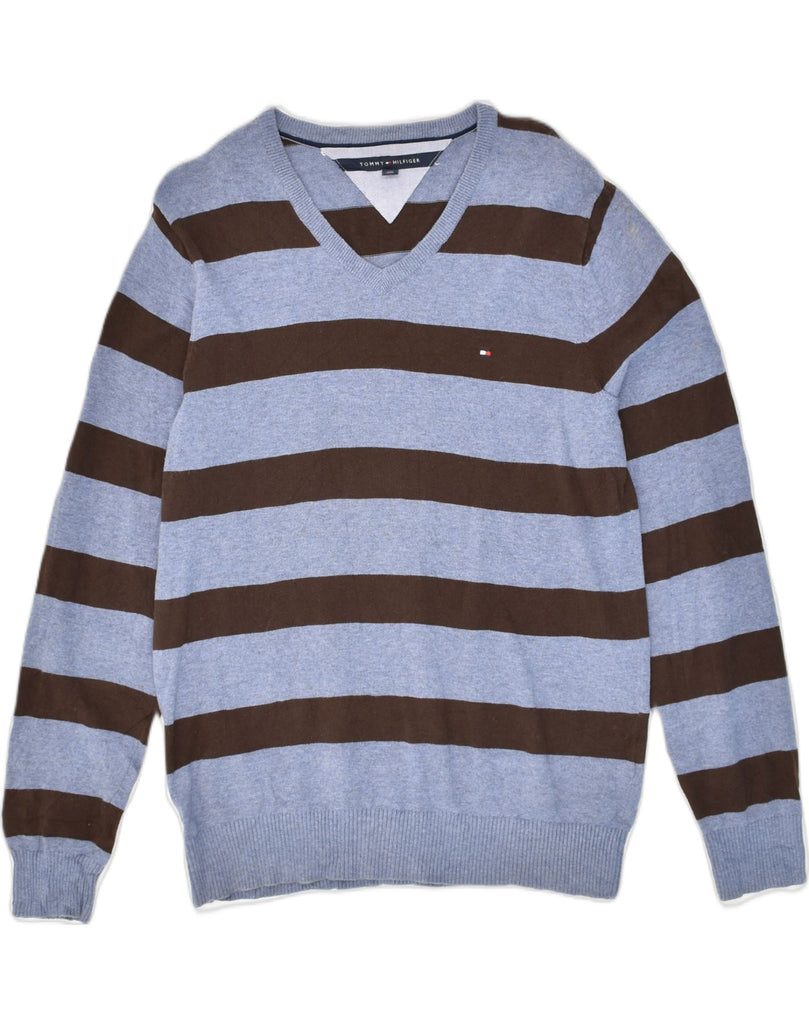 TOMMY HILFIGER Mens V-Neck Jumper Sweater Large Blue Striped Cotton | Vintage Tommy Hilfiger | Thrift | Second-Hand Tommy Hilfiger | Used Clothing | Messina Hembry 