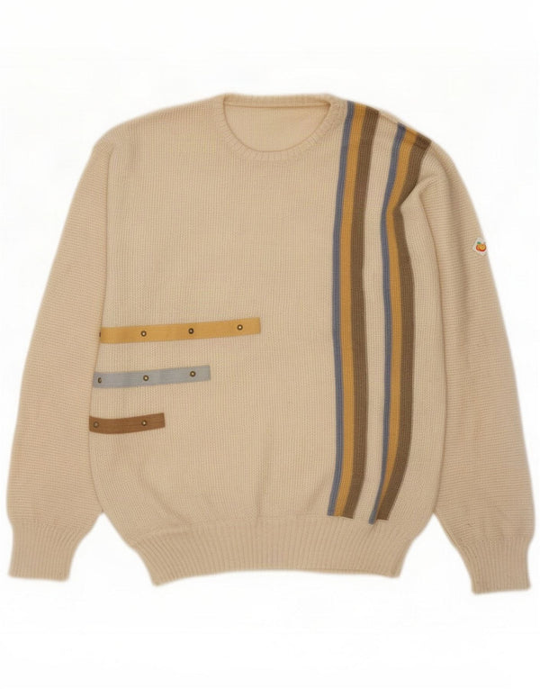 Vintage Mens Crew Neck Jumper Sweater Medium Beige Striped