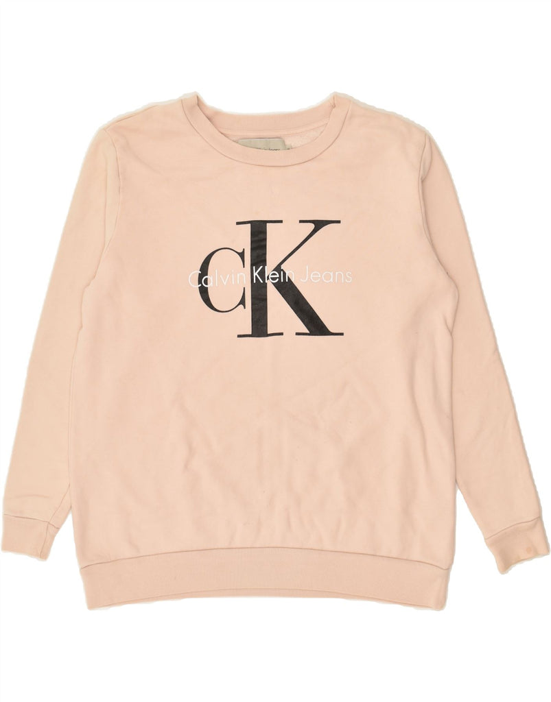 CALVIN KLEIN Womens Graphic Sweatshirt Jumper UK 14 Medium Beige | Vintage Calvin Klein | Thrift | Second-Hand Calvin Klein | Used Clothing | Messina Hembry 