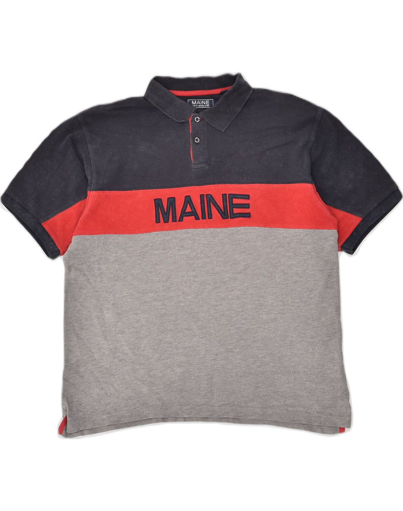 MAINE Mens Graphic Polo Shirt Large Navy Blue Colourblock Cotton | Vintage Maine | Thrift | Second-Hand Maine | Used Clothing | Messina Hembry 