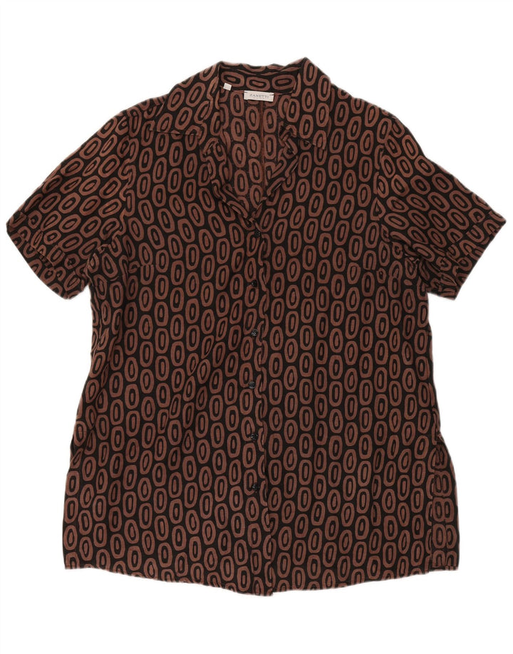 ZANETTI Womens Short Sleeve Shirt IT 47 Large Brown Geometric Linen