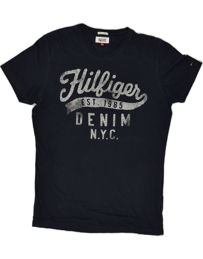 TOMMY HILFIGER Mens Graphic T-Shirt Top Large Navy Blue Cotton | Vintage Tommy Hilfiger | Thrift | Second-Hand Tommy Hilfiger | Used Clothing | Messina Hembry 