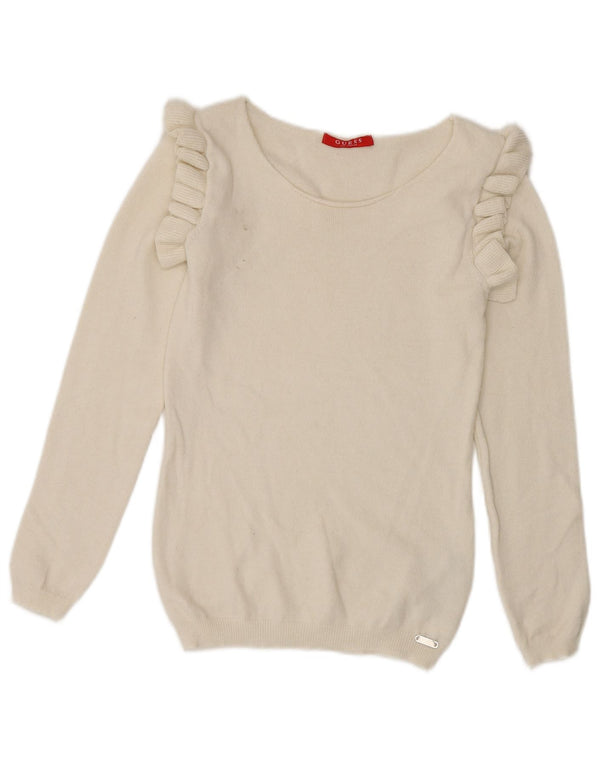 Guess Womens Ruffle Boat Neck Jumper Sweater UK 8 Small White Viscose
