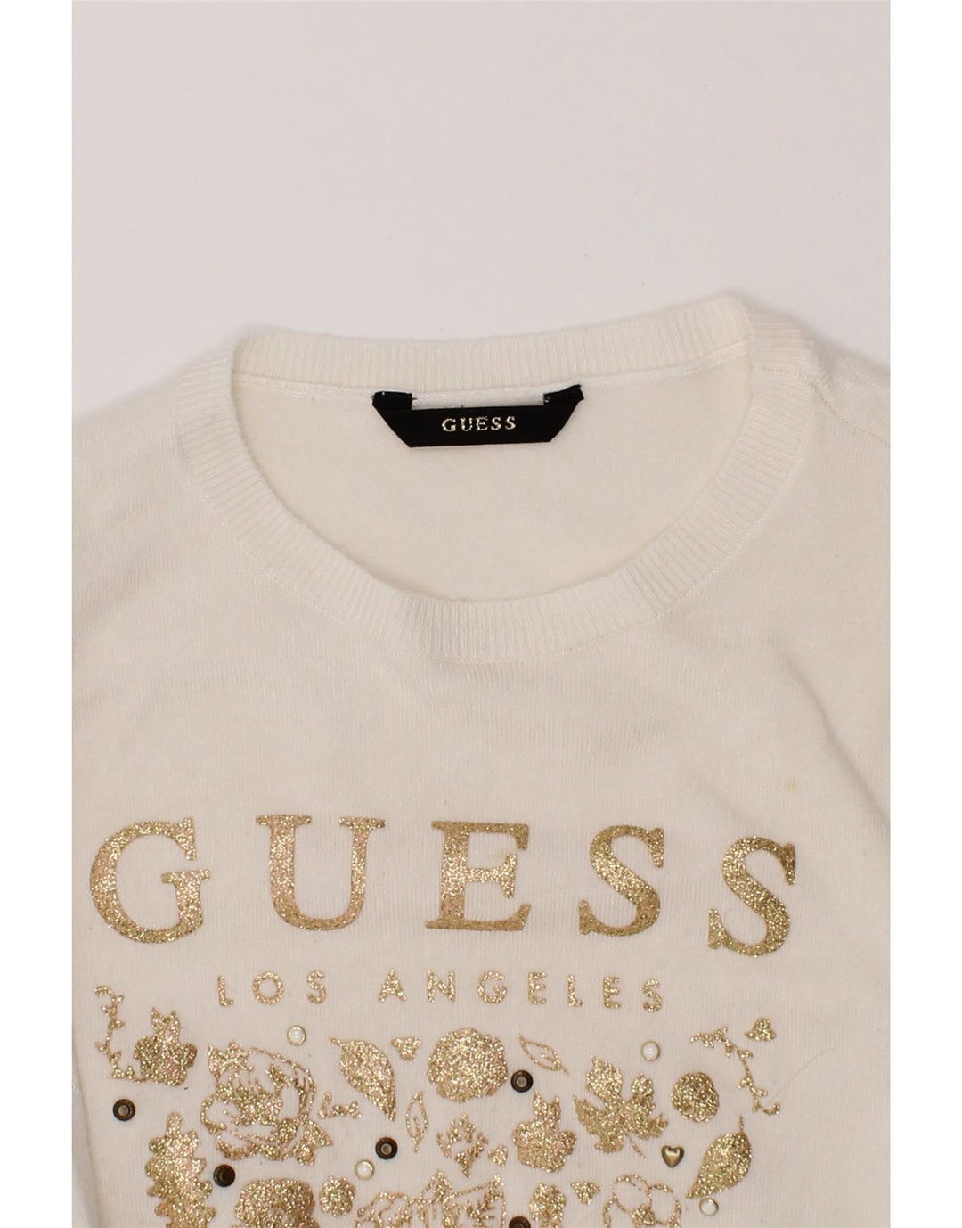 GUESS Girls Graphic Boat Neck Jumper Sweater 6-7 Years Off White Cotton Vintage Guess and Second-Hand Guess from Messina Hembry 