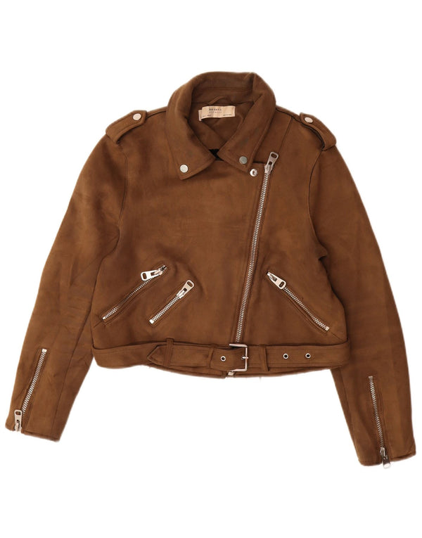 Zara Womens Crop Faux Suede Biker Jacket UK 14 Large Brown Polyester
