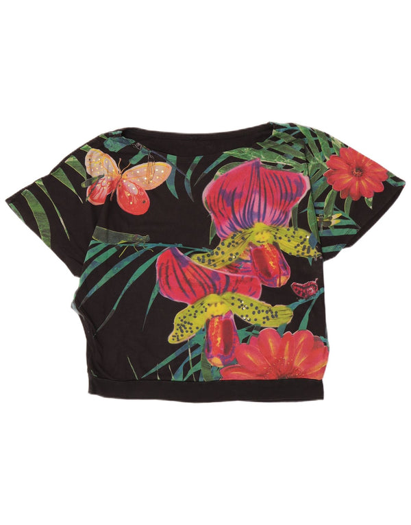 Desigual Womens Graphic T-Shirt Top UK 16 Large Black Floral Cotton