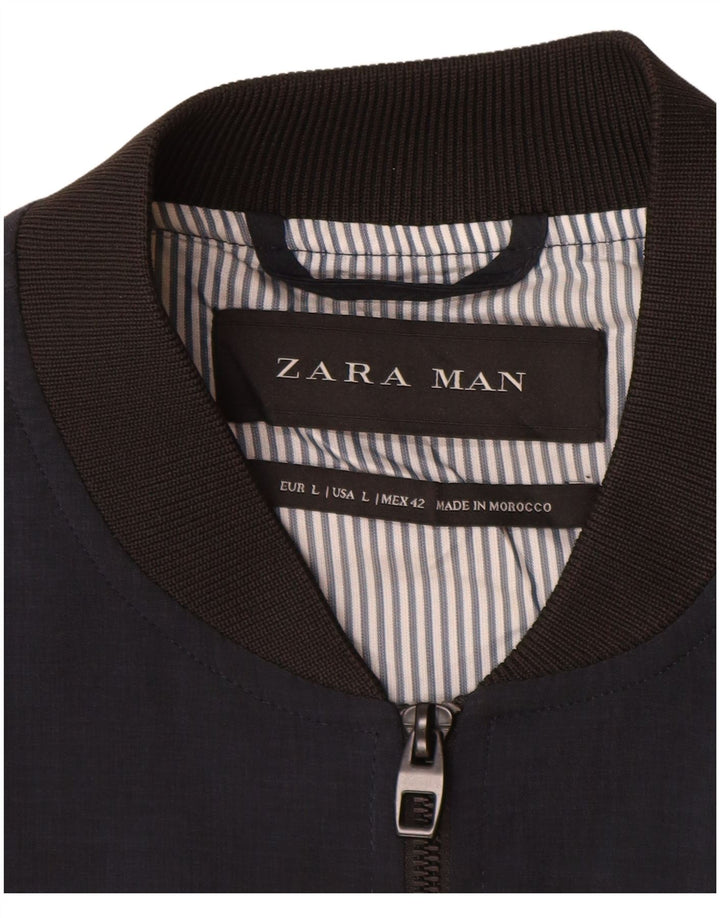 Zara Mens Bomber Jacket UK 40 Large Navy Blue Polyester