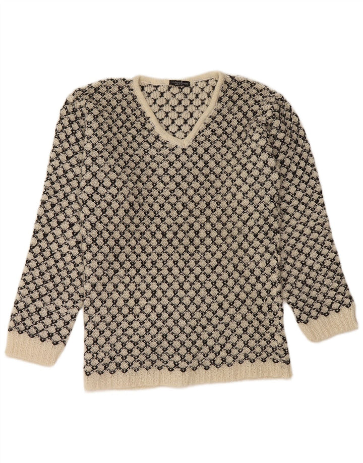 Vintage Womens V-Neck Jumper Sweater UK 14 Medium Off White Geometric