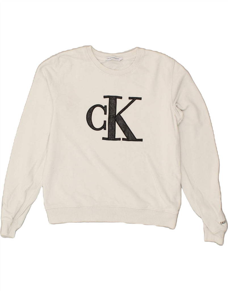 CALVIN KLEIN Girls Graphic Sweatshirt Jumper 15-16 Years White Cotton | Vintage Calvin Klein | Thrift | Second-Hand Calvin Klein | Used Clothing | Messina Hembry 