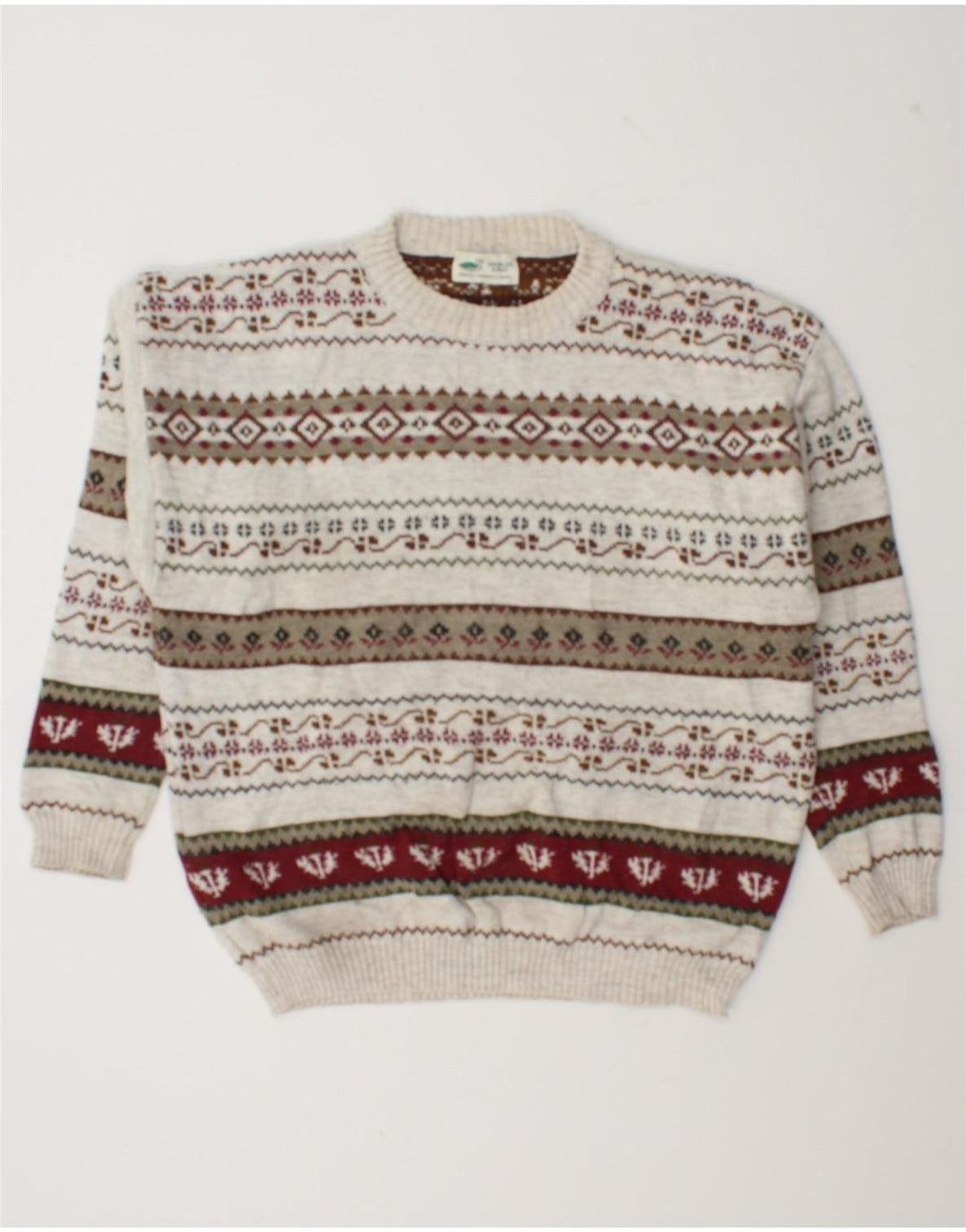 Vintage Mens Crew Neck Jumper Sweater Large Off White Geometric Wool