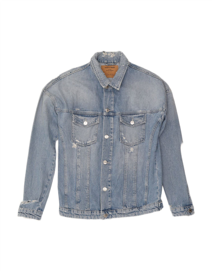 JACK & JONES Mens Distressed Denim Jacket UK 38 Medium Blue Cotton
