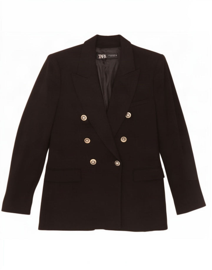 Zara Womens Double Breasted Blazer Jacket UK 12 Medium Black Polyester