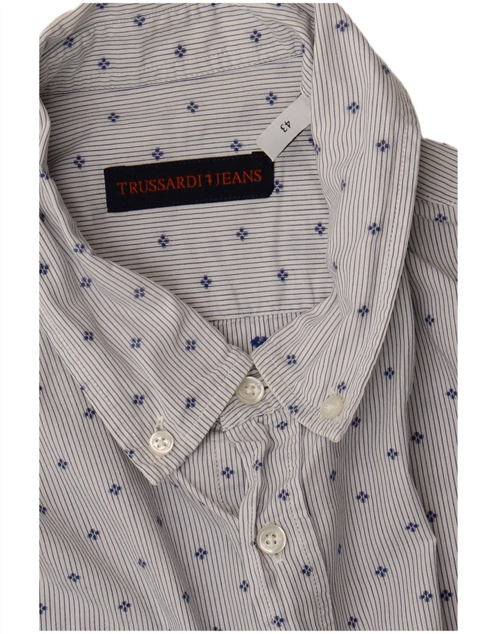 Trussardi Jeans Mens Shirt Size 43 Large Blue Spotted