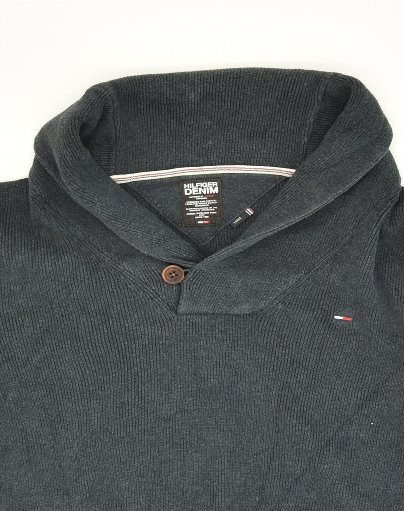 TOMMY HILFIGER Mens Shawl Neck Jumper Sweater Large Grey Cotton | Vintage Tommy Hilfiger | Thrift | Second-Hand Tommy Hilfiger | Used Clothing | Messina Hembry 