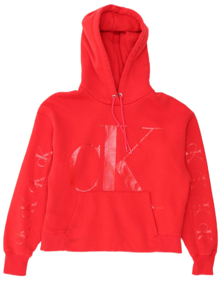 CALVIN KLEIN JEANS Womens Oversized Crop Hoodie Jumper UK 10 Small Red