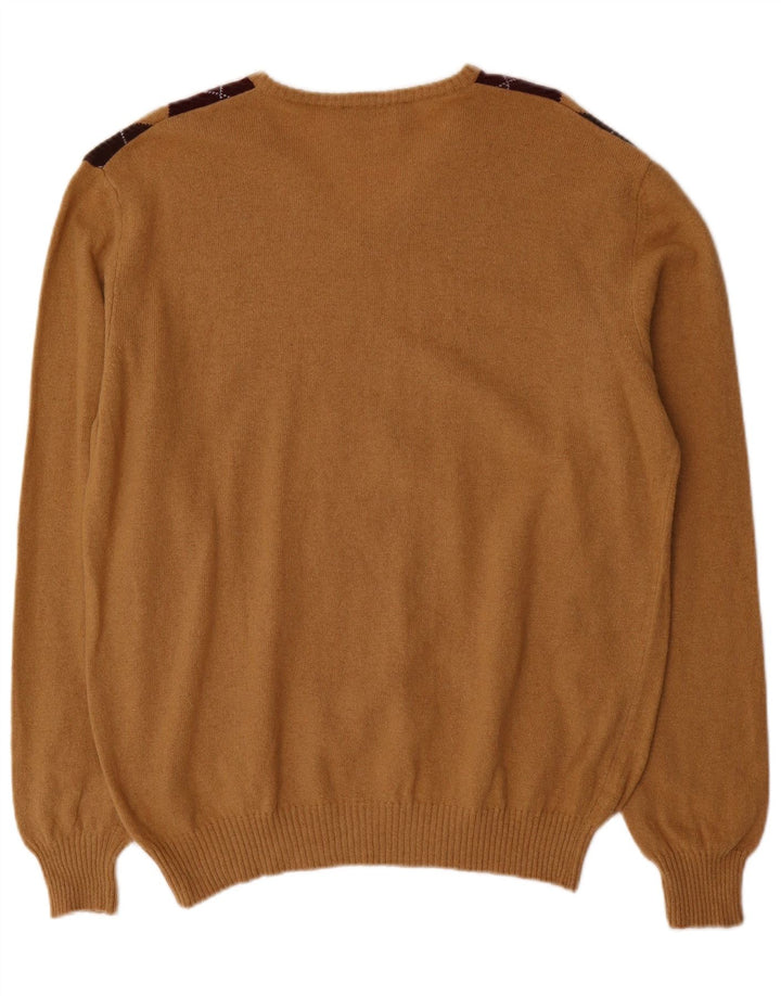 Malagrida Mens V-Neck Jumper Sweater XL Beige Argyle/Diamond Wool