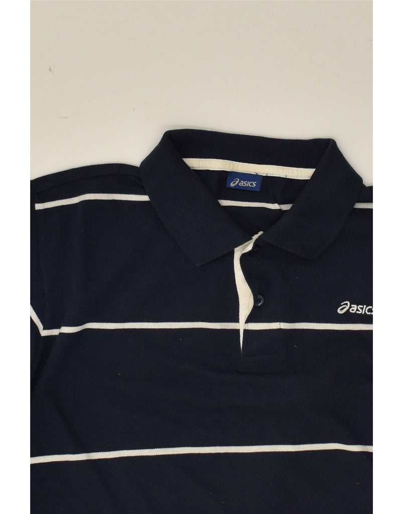 ASICS Mens Polo Shirt Small Navy Blue Striped Cotton | Vintage Asics | Thrift | Second-Hand Asics | Used Clothing | Messina Hembry 