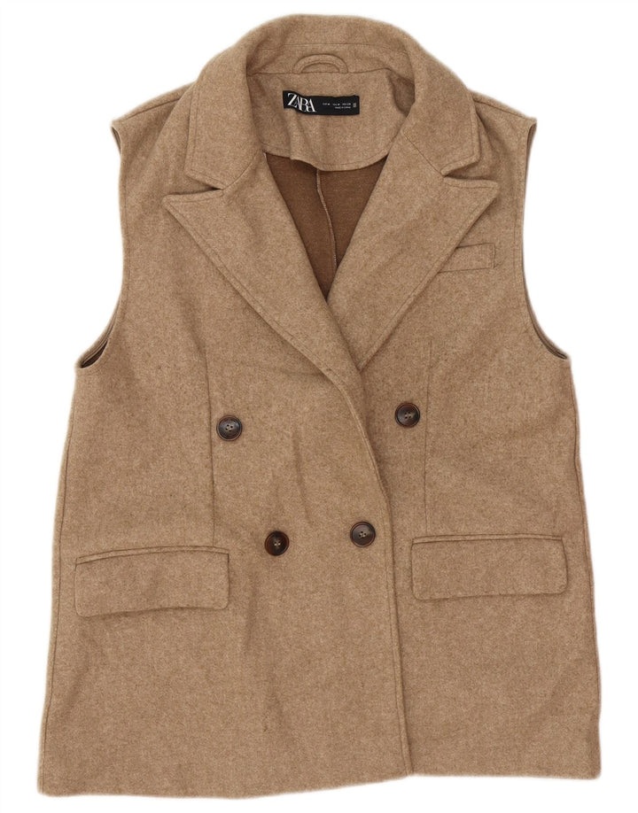 Zara Womens Double Breasted Utility Gilet UK 12 Medium Beige Polyester
