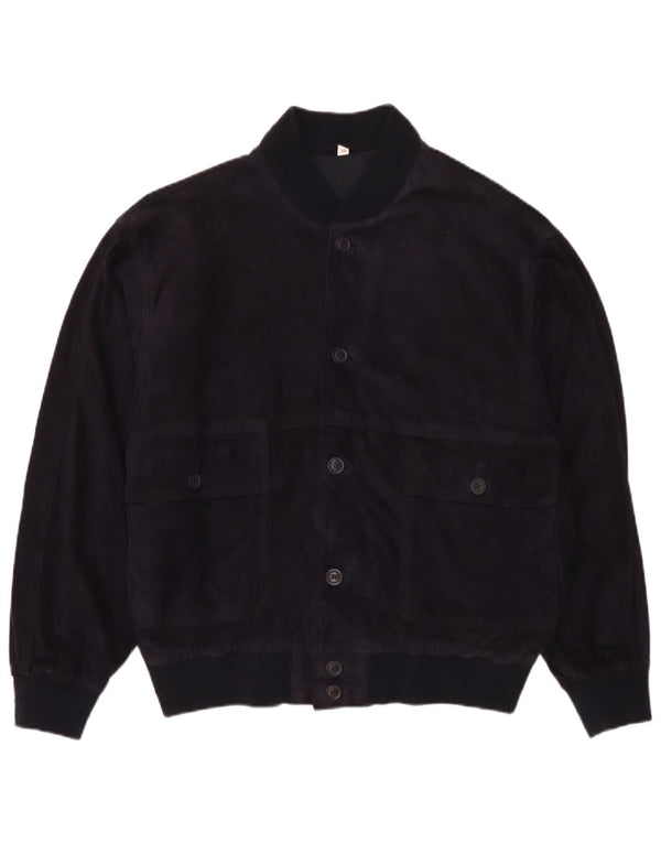 Vintage Mens Suede Bomber Jacket IT 50 Large Navy Blue Leather