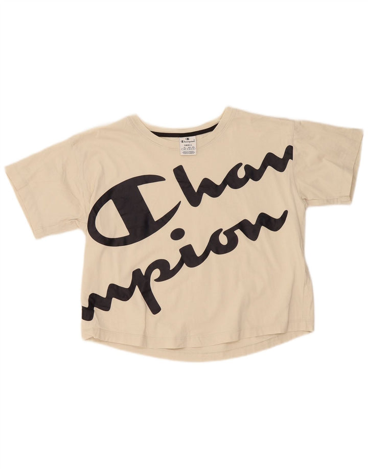 CHAMPION Womens Crop Oversized Graphic T-Shirt Top UK 10 Small Beige