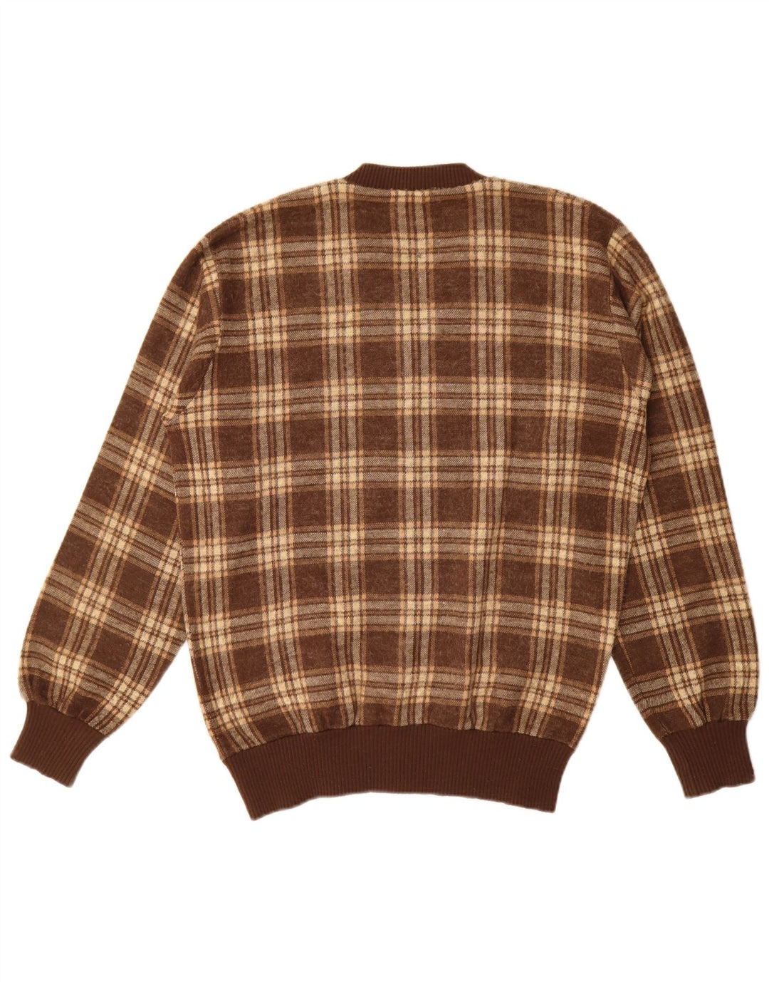 Vintage Mens V-Neck Jumper Sweater Large Brown Check Acrylic