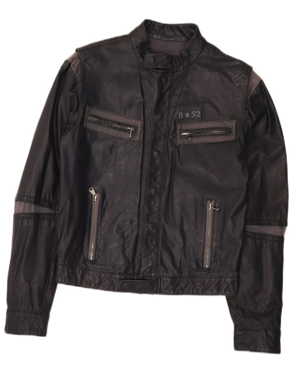 Vintage Mens Leather Biker Jacket IT 48 Medium Grey Colourblock Leather