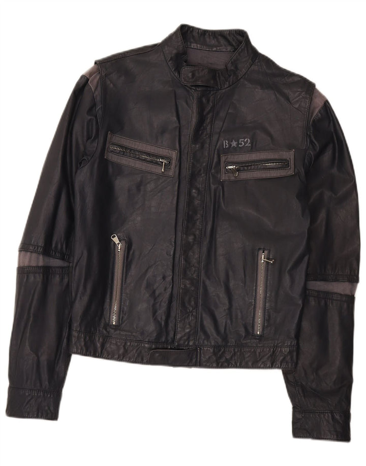 Vintage Mens Leather Biker Jacket IT 48 Medium Grey Colourblock Leather