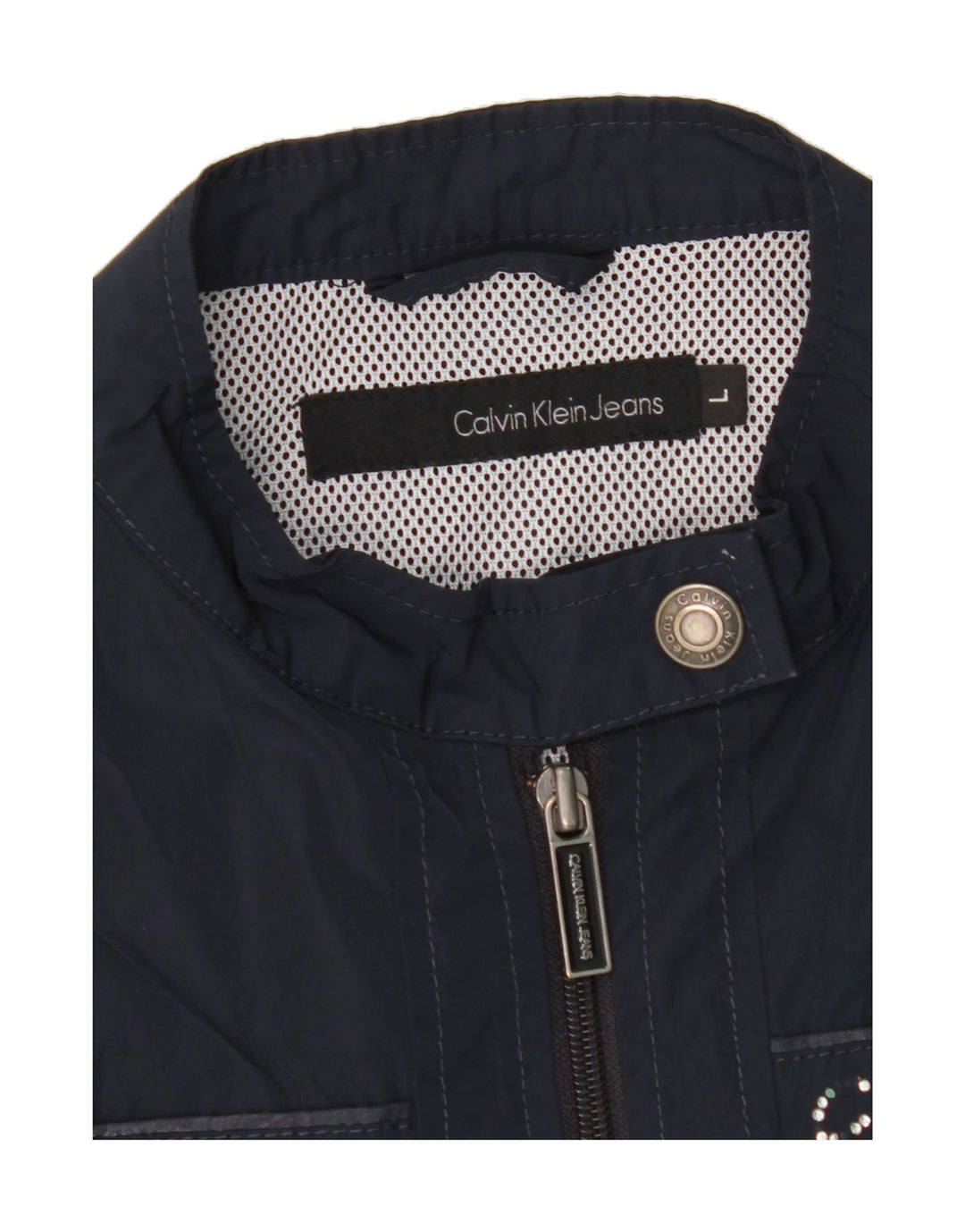 CALVIN KLEIN JEANS Womens Crop Bomber Jacket UK 14 Large Navy Blue Vintage Calvin Klein Jeans and Second-Hand Calvin Klein Jeans from Messina Hembry 