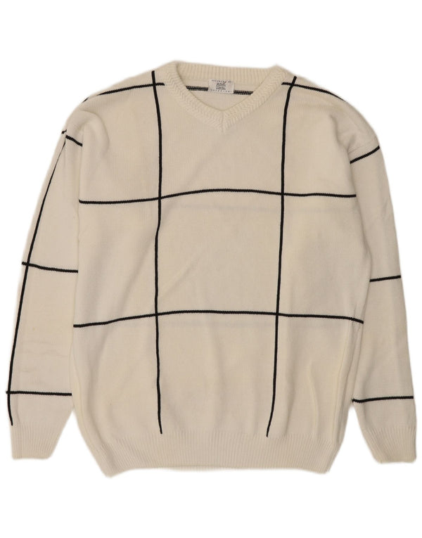 Alba Moda Womens V-Neck Jumper Sweater UK 22/24 3XL White Check Cotton