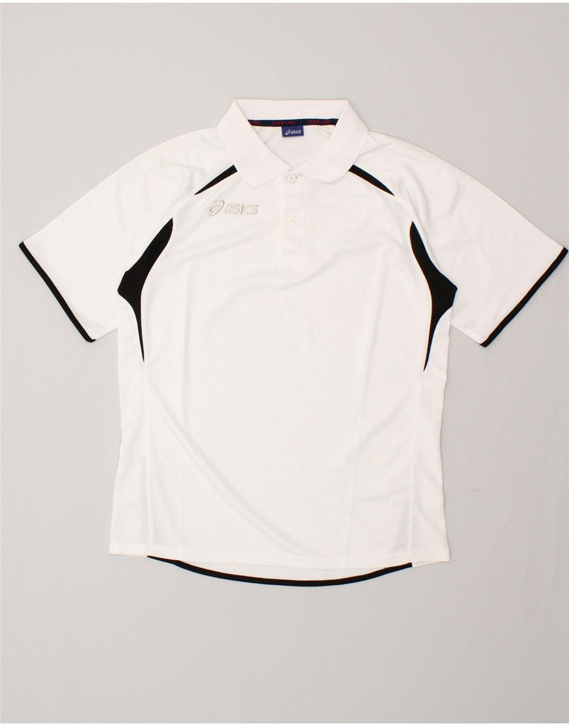 ASICS Mens Polo Shirt Medium White Striped Polyester | Vintage Asics | Thrift | Second-Hand Asics | Used Clothing | Messina Hembry 