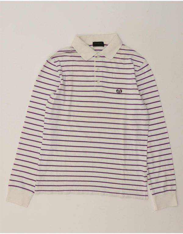 Sergio Tacchini Mens Long Sleeve Polo Shirt Small White Striped Cotton