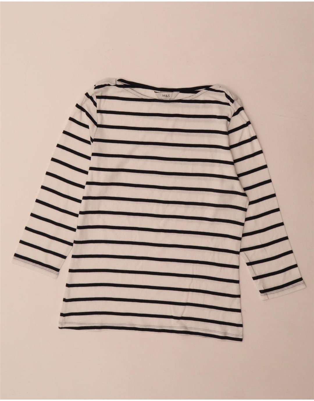 Marks & Spencer Womens Top 3/4 Sleeve UK 12 Medium White Striped Cotton